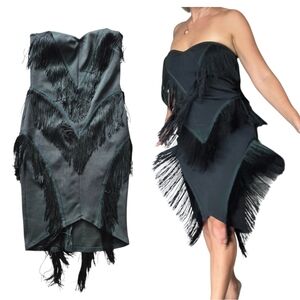 Emerald‎ Green Strapless Fringe Mini Dress Sz M Bandage Fitted Sweetheart Neck